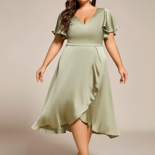Plus Size V-Neck Satin Midi Wedding Guest Dress with Ruffled Skirt