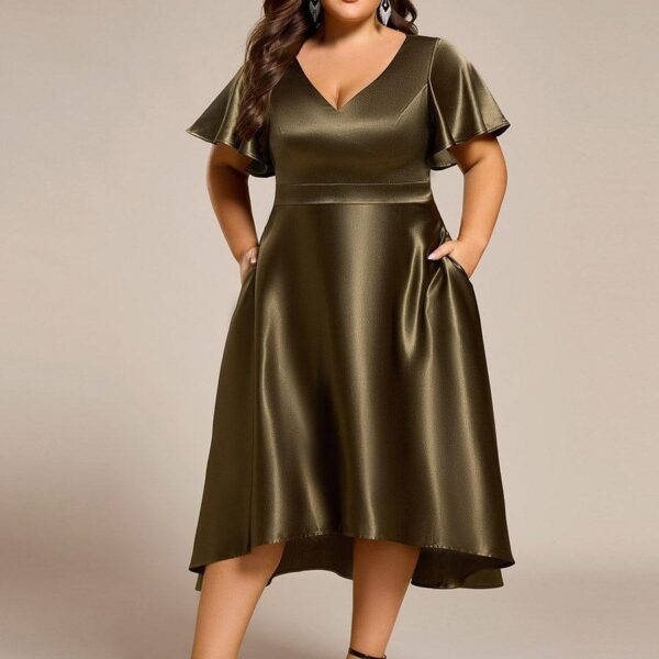 Plus Size Satin Midi Wedding Guest Dress with Pockets