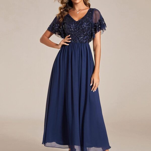Elegant V-Neck Sequin A-Line Short Sleeves Chiffon Midi Formal Dress
