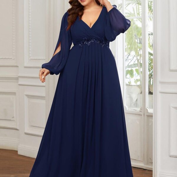 Stylish Plus Size Chiffon Formal Evening Dresses with Long Lantern Sleeves