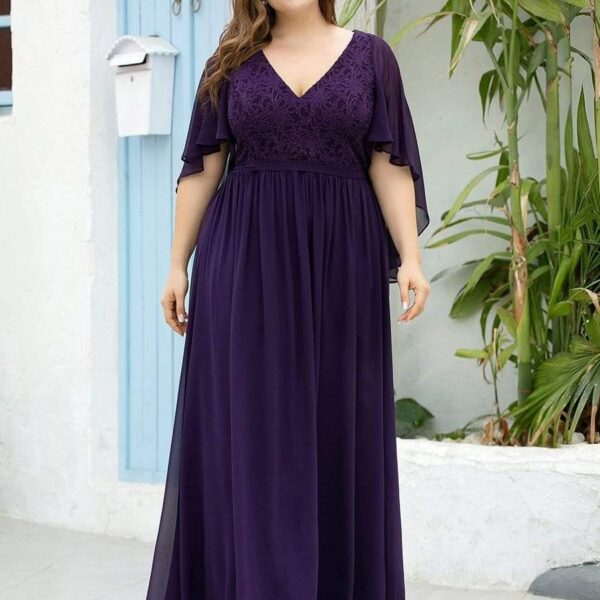 Plus Size Deep V Neck Lace Bodice Long Flowy Evening Dress