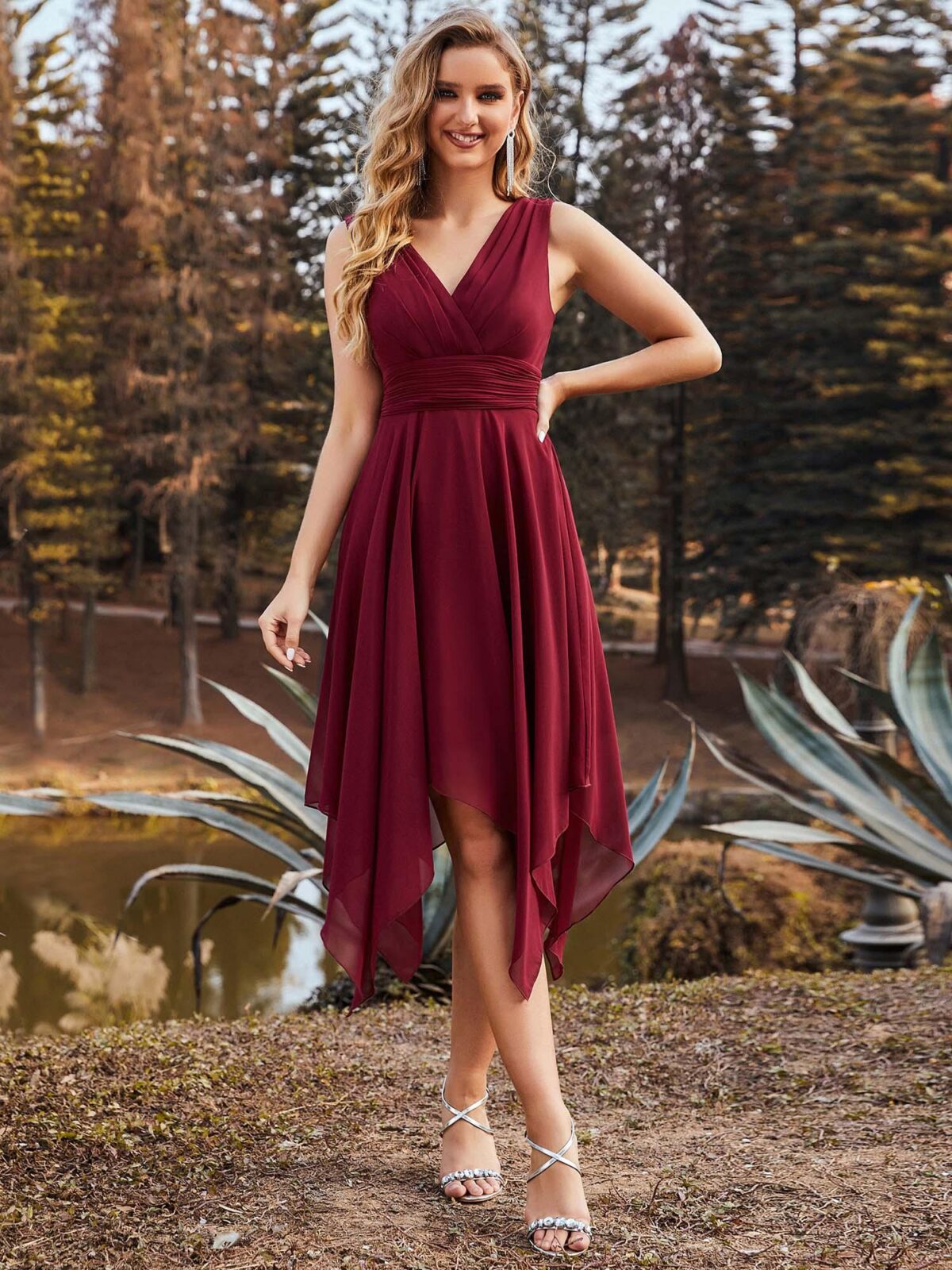 Chiffon Double V-Neck A Line Bridesmaid Dress with Asymmetrical Hem – Shop