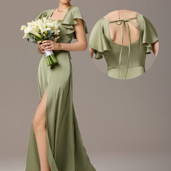 Satin Square Neck Short Sleeve Ruffled Maxi Bridesmaid Dress with Pockets