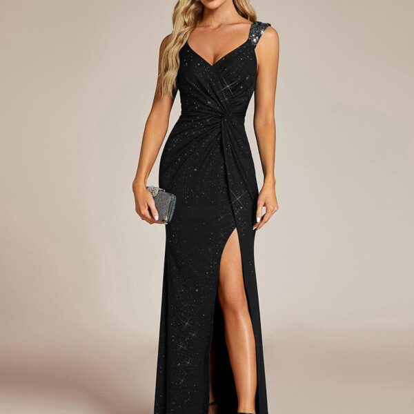 Glitter V-Neck High Slit Sequin Shoulder Strap Evening Dress