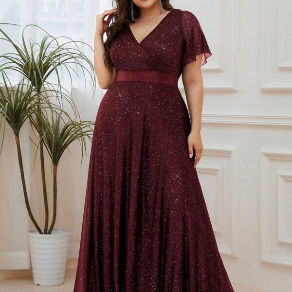 Plus Size V Neck Ribbon Waist Formal Evening Dress With Sleeves