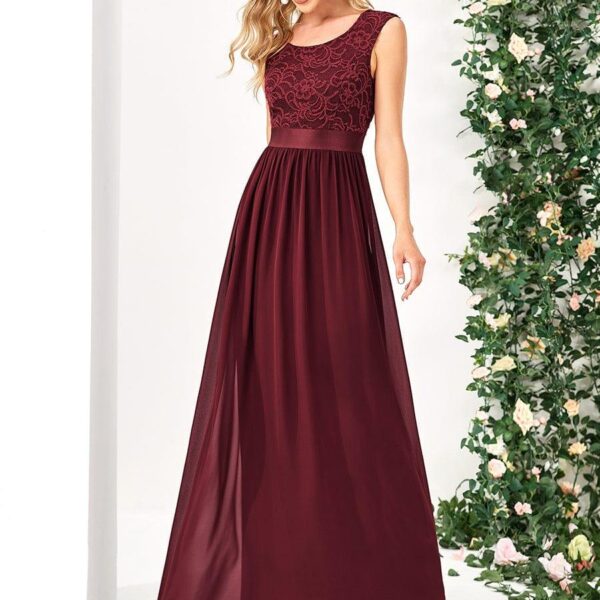 Classic Round Neck V Back Lace Bodice Bridesmaid Dress