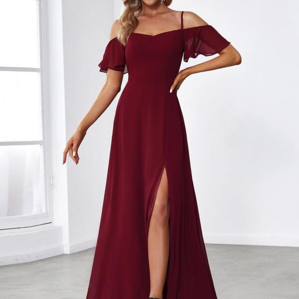 Stylish Cold Shoulder Flare Sleeves Flowy Bridesmaid Dress