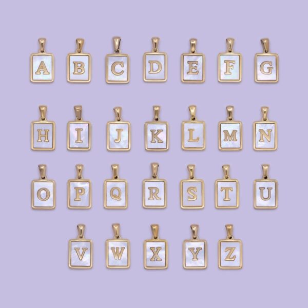 Mother of Pearl Letter Charm Gold Tag Alphabet Charm, Shell Letter Pendant Personalized Letters Initial Charm Stainless Steel A-862-A-874