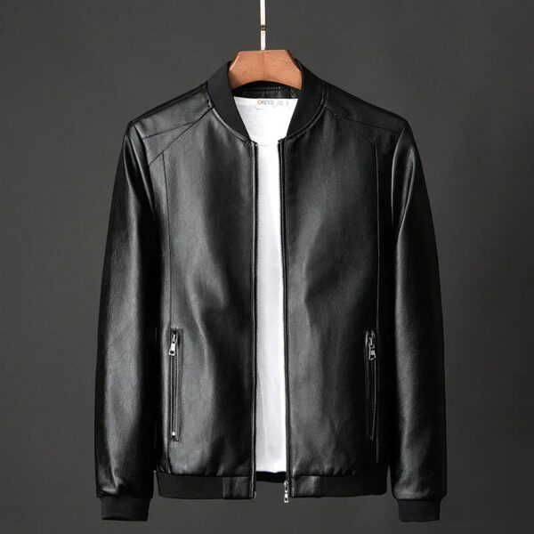 Men Black Leather Jacket - Slim Fit Biker Coat With Zipper Closure & Stand Collar