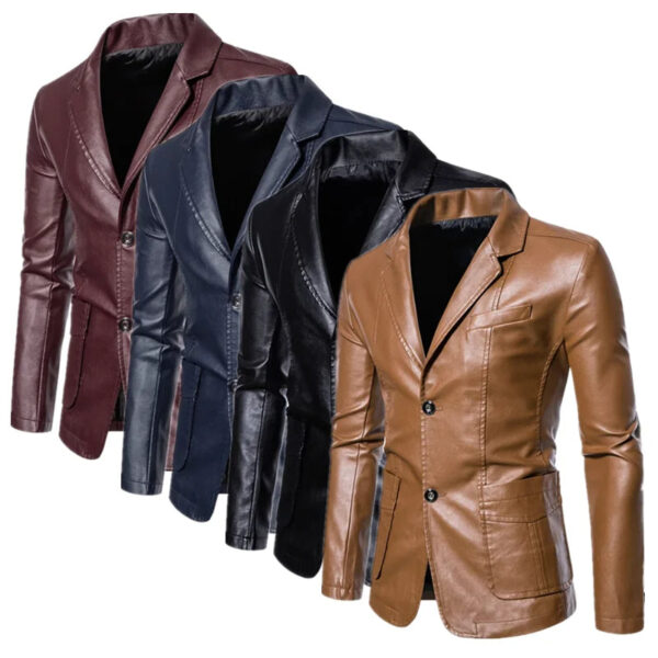 Men Leather Jacket - Slim Fit Casual Coat With Turn-Down Collar & Pockets