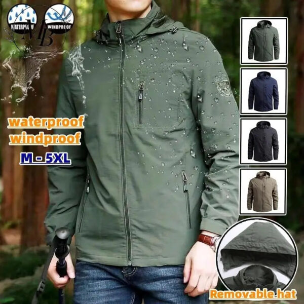 Men Waterproof Jacket - Military Style Loose Fit Tactical Coat with Detachable Hood