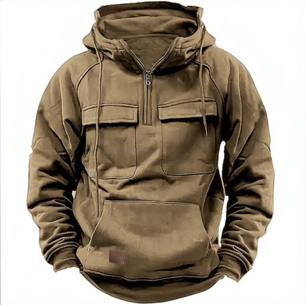 Men's Casual Hoodie - Polyester Multi-Pocket Zip-Up Sweatshirt For Autumn Winter