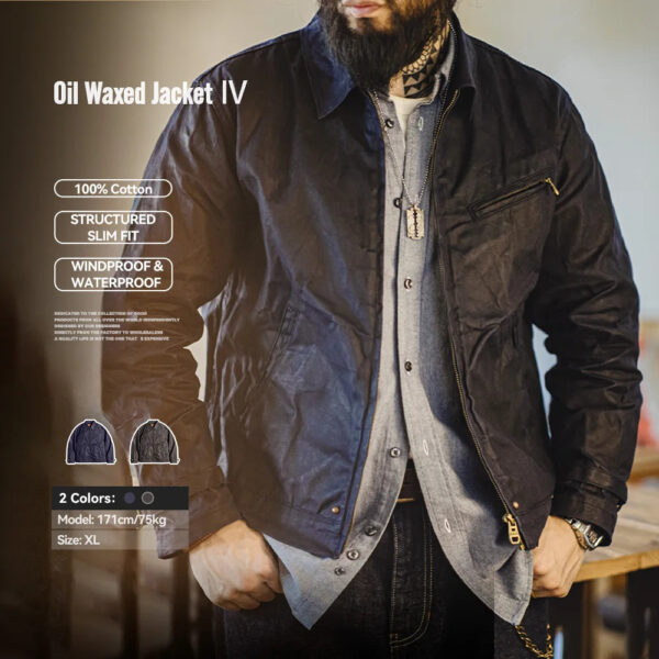 Waxed Canvas Jacket - Slim Fit Men's Vintage Zippered Cotton Outerwear Coat