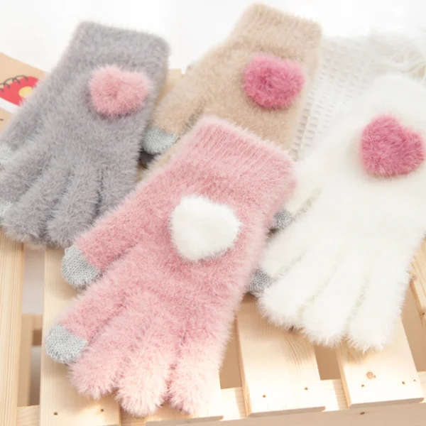 Korean Love Heart Pink Gloves Women Plush Gloves Autumn and Winter Thick Mittens Full Finger Gloves Girls Warm TouchScreen Glove