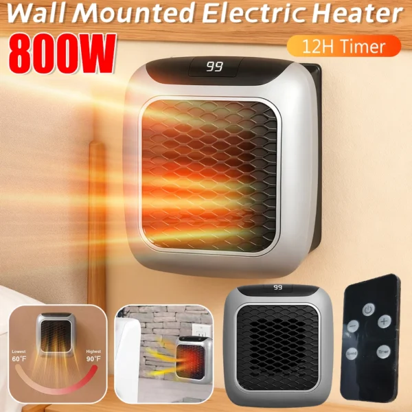 2-in-1 Plug In 800W Heater Space-Saver Wall Mountable or Portable Mini Heater with Quiet Operation for Personal Spaces Indoor