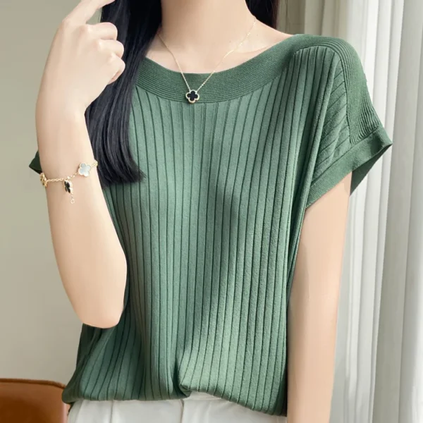 2025 Fashion Slash Neck Women Sweater Ice Silk Spring Summer Knitted Sweater Loose Casual Korean Shirts Short Sleeve Knitwears