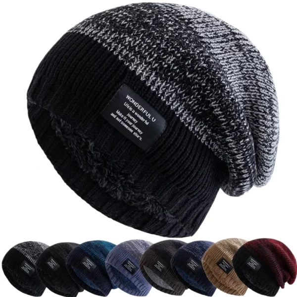 New Unisex Slouchy Winter Hats Plush Fur Lined Beanie Cap Men And Women Winter Mixing Color Label Decor Knitted Hats
