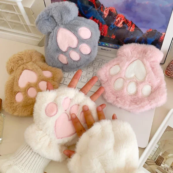 Lovely Plush Cat Claw Paw Gloves Plush Mittens Warm Soft Plush Short Fingerless Fluffy Bear Gloves Costume Half Finger Gloves
