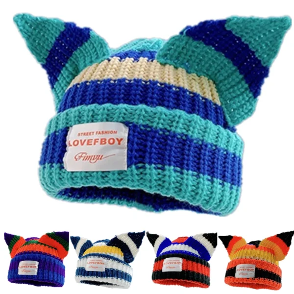 Hot Sale Women Y2K Style Winter Beanie Hat Outdoor Multicolor Cat Ear Loose Knit Hat Thick Warm All-Match Knitted Hat With Ear