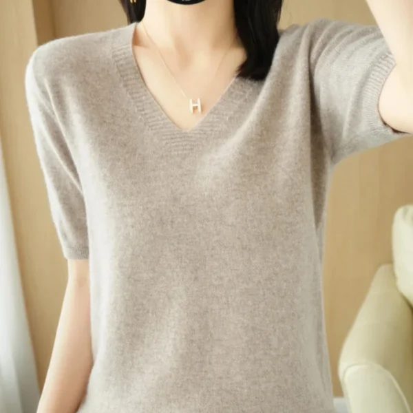 Casual Short Sleeve Sweater Women 2025 Spring Summer Knitted Tops Korean Fashion Knit Shirts Pullovers V-neck Soft Pull Jumpers
